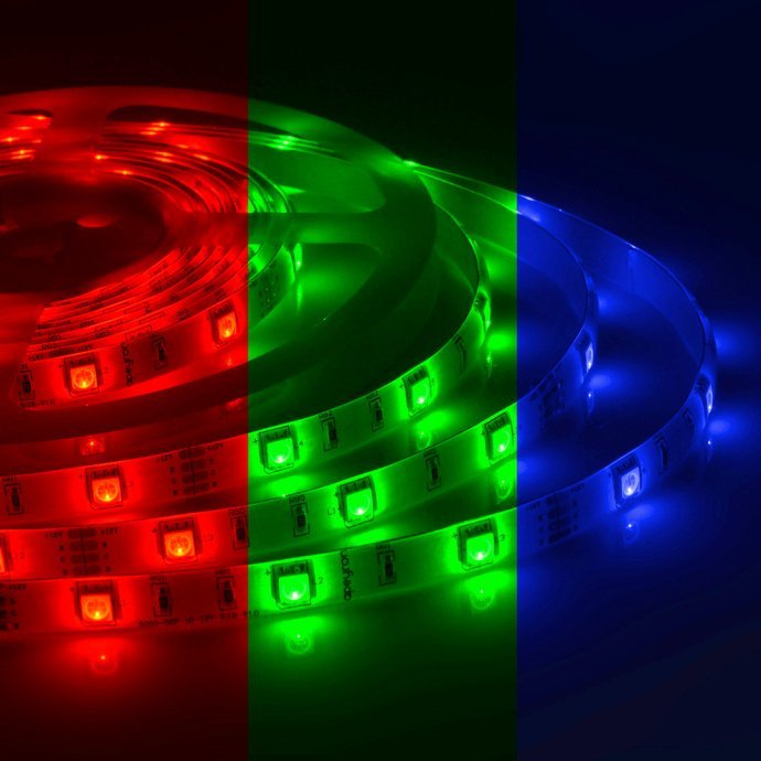 Светодиодная RGB лента 12В SMD5050 30LED/м IP65, ширина 10мм, длина 5м, двухслойная белая плата, угол 120°, 360лм/м.