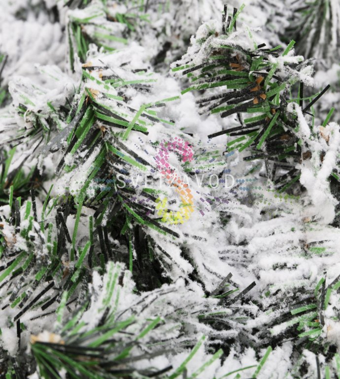 Детальное фото елового шлейфа искусственного заснеженного Neon-Night длиной 270 см, диаметром 26 см, с темно-зелеными ветками ПВХ и белым снежным напылением.