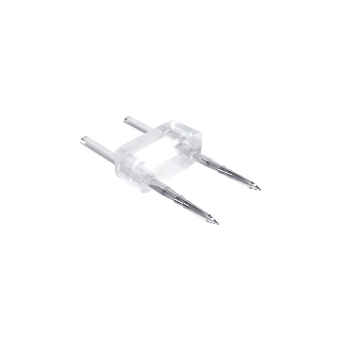 Детальное фото игольчатого коннектора Apeyron Electrics SAP-1125 для одноцветного неона: белый пластик, два игольчатых контакта, вид сверху.
