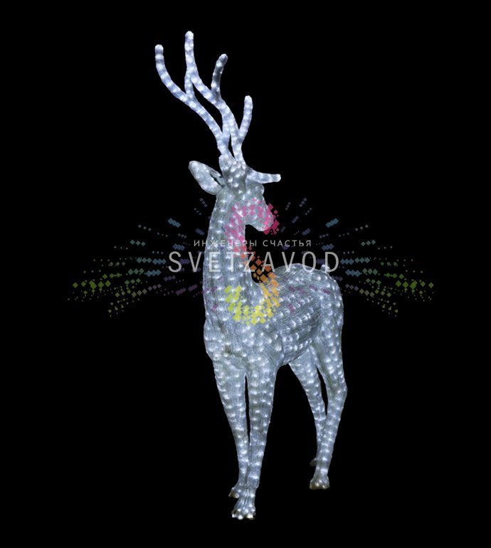 Детальное фото световой акриловой фигуры 3D «Благородный олень» в белом цвете, показывающее конструкцию, светодиоды и качество изготовления для уличного использования.
