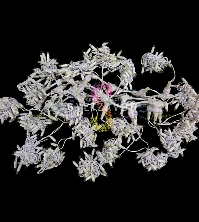 Детальное фото светодиодного дождя Rich Led: белый ПВХ корпус, 20 нитей по 2 метра, 400 светодиодов, степень защиты IP65.