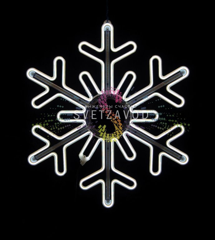 Крупный план светодиодной снежинки 80см с белым неоном, пластиковым каркасом и эффектом динамической подсветки 'тающая сосулька'. Крупный план светодиодной снежинки 80см с белым неоном, пластиковым каркасом и эффектом динамической подсветки 'тающая сосулька'.