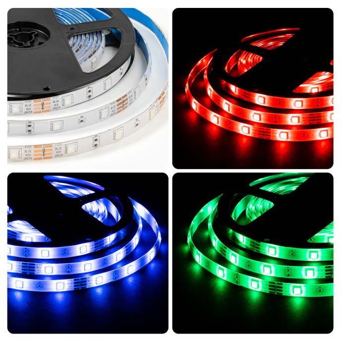 Светодиодная лента 12В RGB SMD5050 30LED/м IP65 5м на белой плате, светящаяся разными цветами для декоративной подсветки