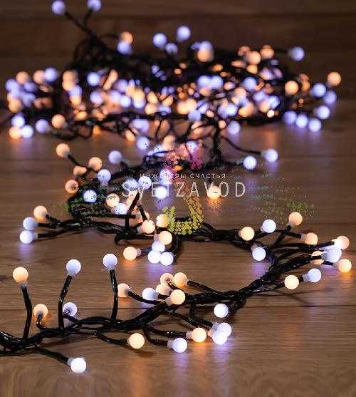 Гирлянда Мишура, 3м, 288led, 220В, черный ПВХ, белая+теплая белая, с блоком питания