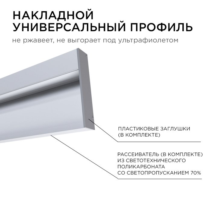 Детальный вид профиля 80х18 мм, серебро, анодированный алюминий, матовый белый рассеиватель, длина 2 м, накладной.