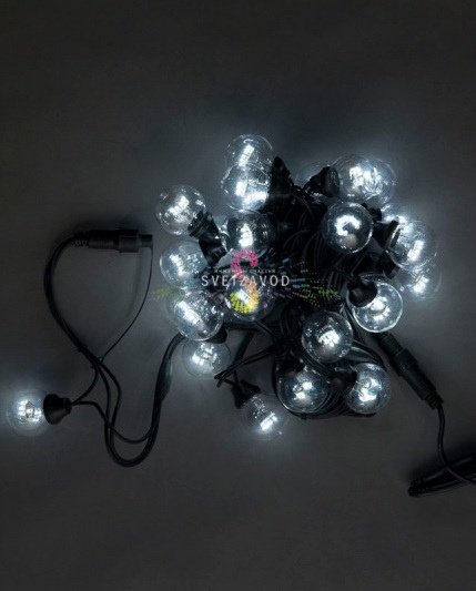 Гирлянда с лампами, белая, 10 метров, 25 ламп, черный провод 