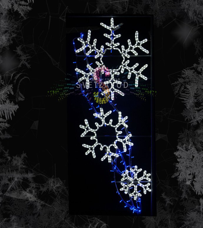 Детальное фото светодиодной консоли Три снежинки: металлический каркас с LED-дюралайтом, три снежинки, синий фон, габариты 200х85х3 см.