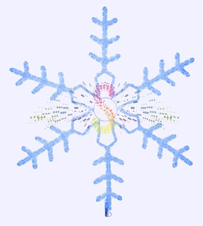 Детальное фото светодиодной снежинки Neon-Night: металлический каркас с антикоррозийным покрытием, синий светодиодный дюралайт, крепежное ушко, вилка для подключения в сеть 220В.