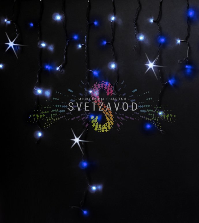 Детальное фото светодиодной бахромы Айсикл 3х0,9м: черный ПВХ-кабель, нити разной длины до 90 см, синие и белые светодиоды с эффектом мерцания.