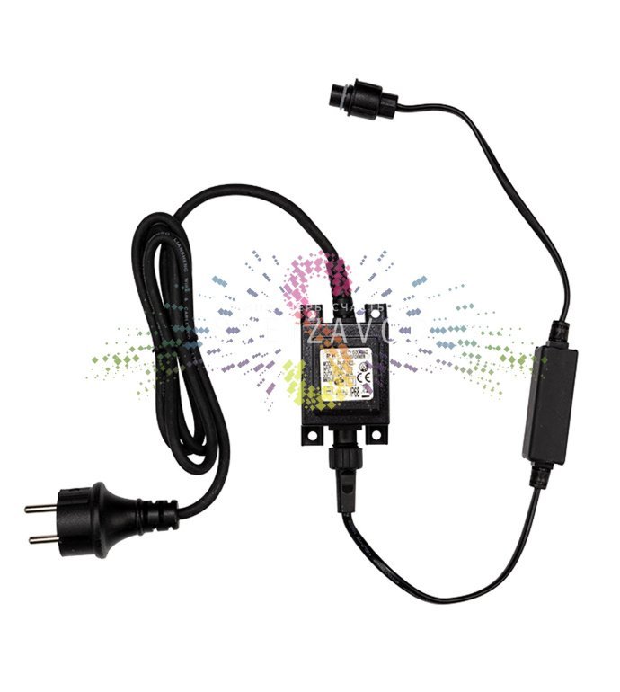 Детальное фото гирлянды Клип Лайт Спайдер Шарики RGB: черный ПВХ провод, шарики диаметром 17.5 мм, расстояние между диодами 15 см, виден контроллер и блок питания 220/24В.