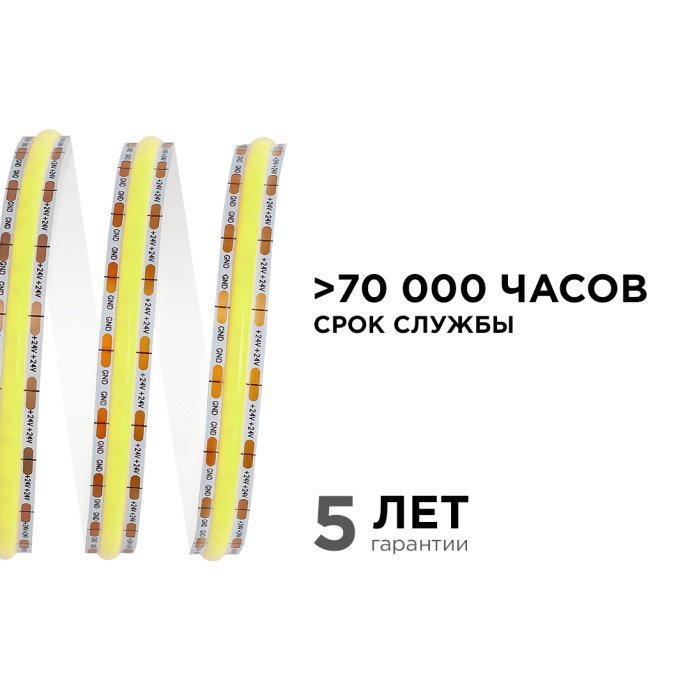 Крупный план светодиодной ленты COB 24В дневной белый 4000K, 528 диодов/м, основа 8мм, IP20, 5м