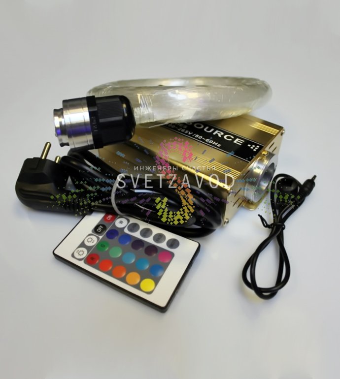 Детальное фото комплекта Звездное небо: проектор, 100 оптоволоконных нитей разной длины (2-5м), пульт ДУ, блок питания 220В.