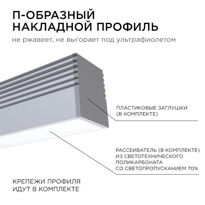 Анодированный алюминиевый профиль П-образный накладной 7,8х9х2000мм серебристый с матовым поликарбонатным рассеивателем, IP44