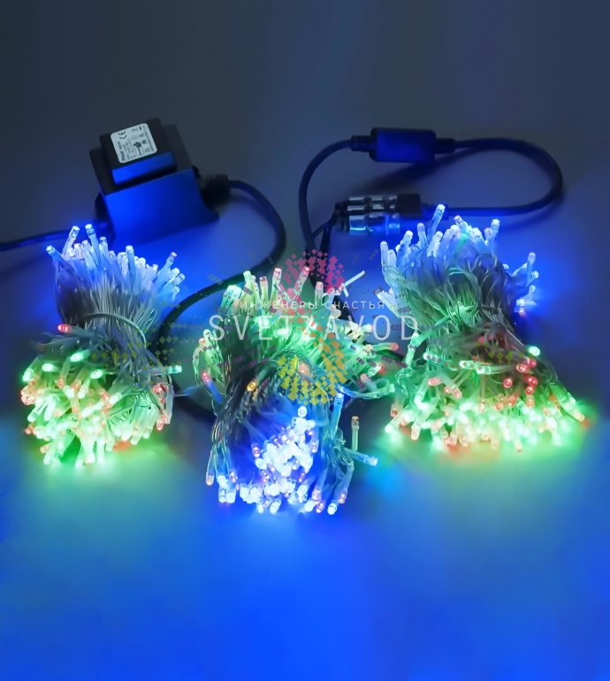 Детальное фото гирлянды Клип Лайт Спайдер: прозрачный ПВХ провод, светодиоды мульти цвета, разветвитель, блок питания 220/24В.