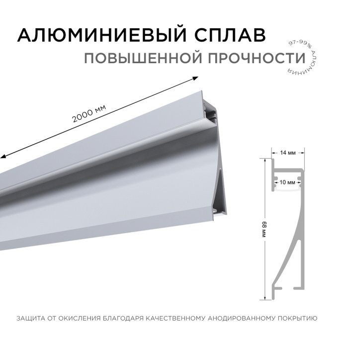 Алюминиевый встраиваемый профиль серебристого цвета для LED ленты, длина 2м, с матовым белым рассеивателем, IP44, анодированный.