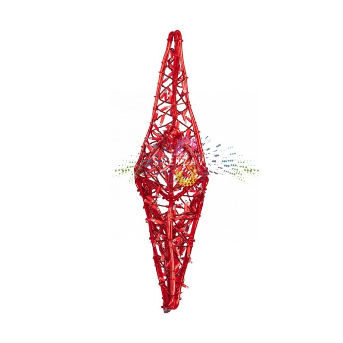 Детальное фото светодиодной звезды 80 см красного свечения с видимыми светодиодами, металлическим каркасом, трубой для установки на елку и кольцом для подвеса.