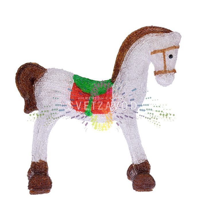 Детальное фото акриловой 3D фигуры Лошадка с 60 светодиодами, металлическим каркасом и блоком питания. Видны габариты 38х13х38 см.