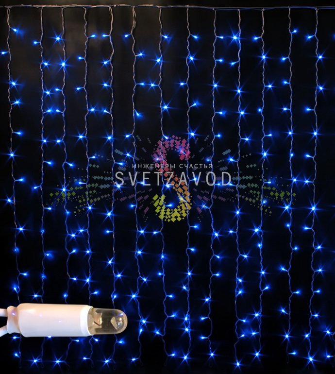 Детальное фото светодиодного дождя Rich Led: 20 нитей по 1,5м с синими светодиодами, белый ПВХ провод, коннекторы для соединения, степень защиты IP65.