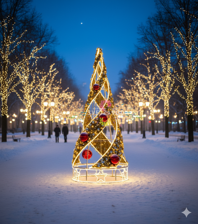 Крупный план светодиодной елки Конус с золотой мишурой, стальным каркасом и теплым белым свечением, установленной на улице.