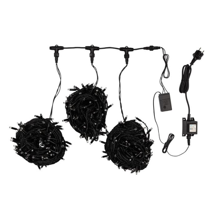 Детальное фото гирлянды Клип Лайт Спайдер: три черные нити с красными светодиодами, контроллер, блок питания 24В, упаковка. Детальное фото гирлянды Клип Лайт Спайдер: три черные нити с красными светодиодами, контроллер, блок питания 24В, упаковка.
