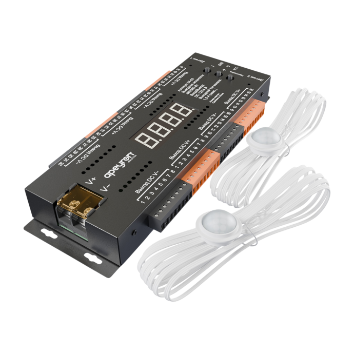 Черный контроллер для лестницы Apeyron Electrics, 32 канала, 480/960Вт, IP20, металл, передняя панель с клеммами