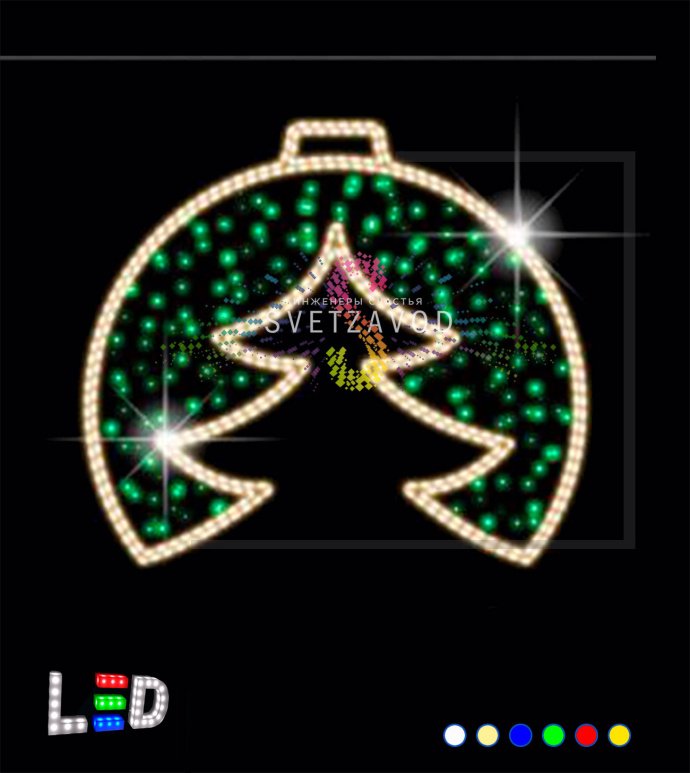 Детальное фото светодиодной консоли Елочка в шаре 130 см. Видны стальной каркас, светодиодный дюралайт, элементы крепления для опоры. Цвет свечения теплый белый и зеленый.