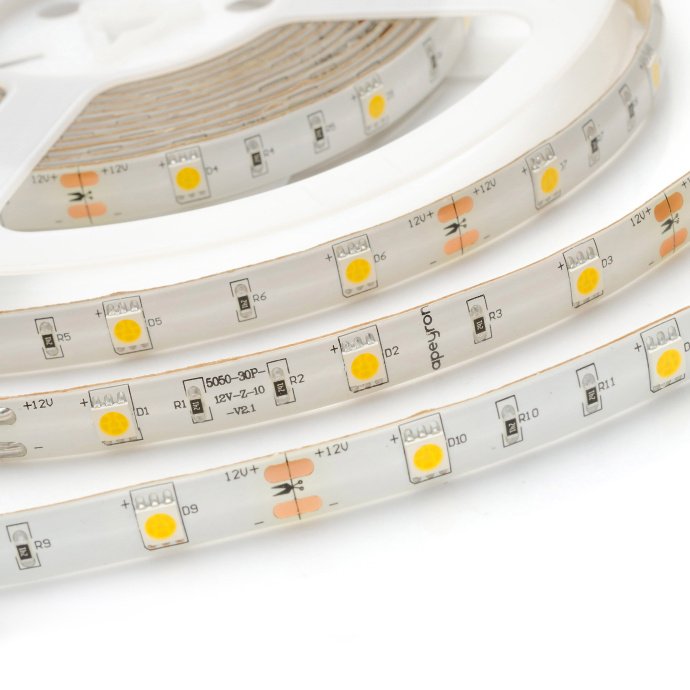 Светодиодная лента 12В SMD 5050 теплый белый 3000K, двухслойная основа, кратность реза 100 мм, с проводом и коннектором