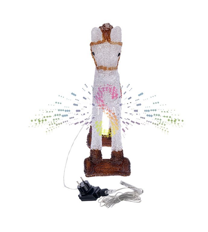 Детальное фото акриловой 3D фигуры Лошадка с 60 светодиодами, металлическим каркасом и блоком питания. Видны габариты 38х13х38 см.