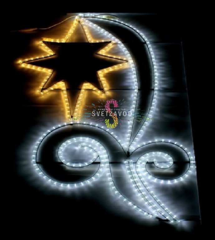 Крупный план светодиодной консоли 'Альтаир' размером 150 на 82 см в белом корпусе, установленной на столб, с видимой металлической конструкцией и звездными мотивами.