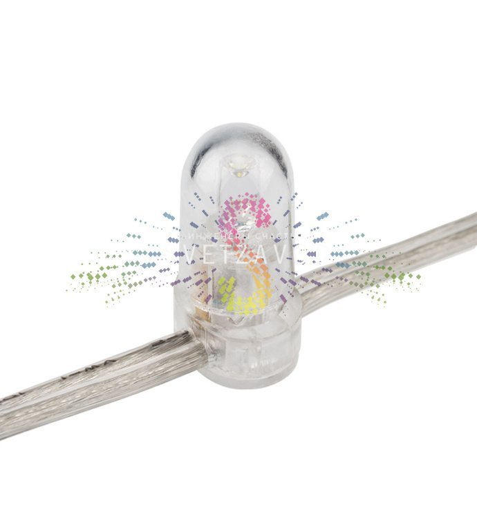 Крупный план светодиодного клип лайта 12В: прозрачный ПВХ кабель, защитные колпачки на диодах, расстояние между светодиодами 15 см.