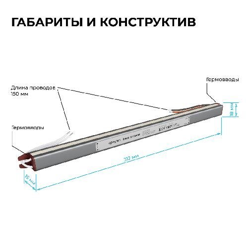 Блок питания 24В, 72Вт, 200-264В, 3А, IP67, алюм., 312х18х15, ультратонкий, серебро