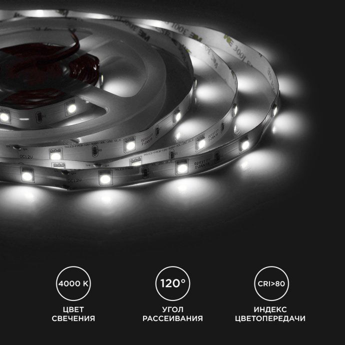 Светодиодная лента 12В SMD5050 30д/м, 5м, 4000K дневной белый, 360Лм/м, IP20, арт. SAP-1407