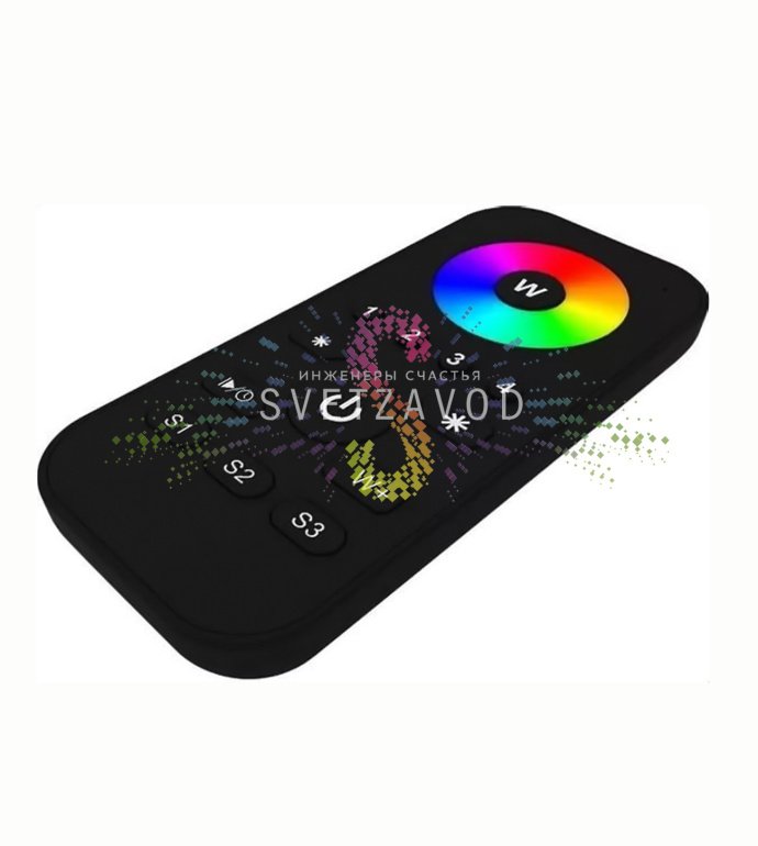 Мультизонный RF-пульт Arlight в руке, демонстрация сенсорного кольца для выбора цвета, черный эргономичный корпус, кнопки управления 4 зонами.