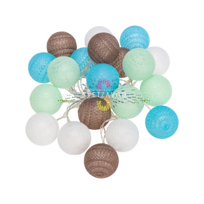 Детальное фото светодиодной гирлянды Тайские фонарики Северное сияние длиной 3.5 метра с 20 текстильными фонариками на прозрачном проводе.