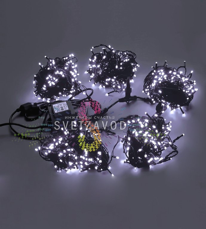 Детальное фото комплекта гирлянды Клип Лайт Спайдер: 5 нитей черного провода по 20м с холодными белыми светодиодами, блок питания 220/24В, упаковка.