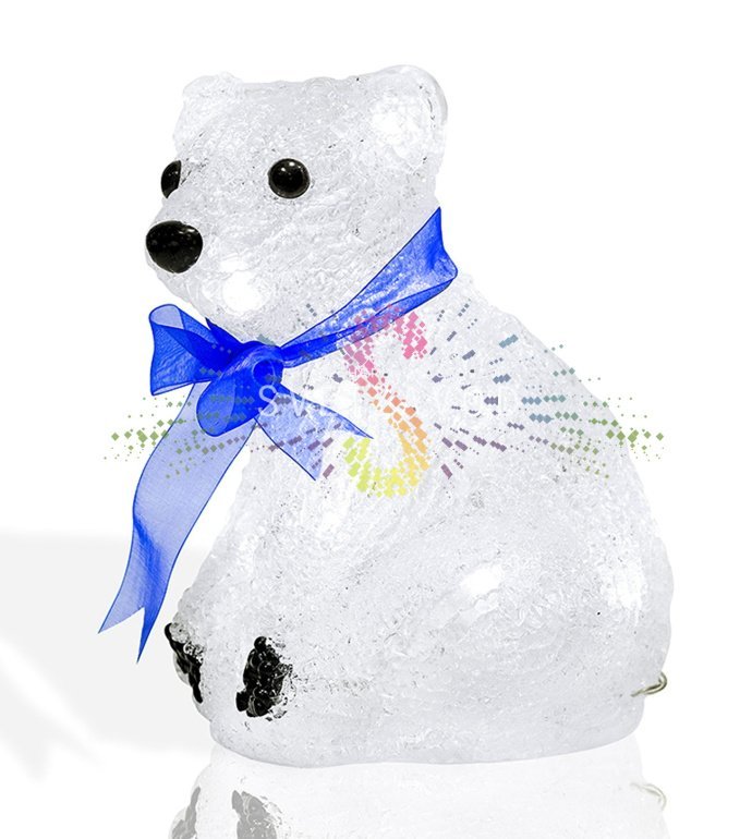 Детальное фото акриловой светодиодной фигуры Белый мишка. Видны 20 светодиодов, объемная конструкция высотой 20 см, материал акрил. Фигура в выключенном и включенном состоянии. Детальное фото акриловой светодиодной фигуры Белый мишка. Видны 20 светодиодов, объемная конструкция высотой 20 см, материал акрил. Фигура в выключенном и включенном состоянии.