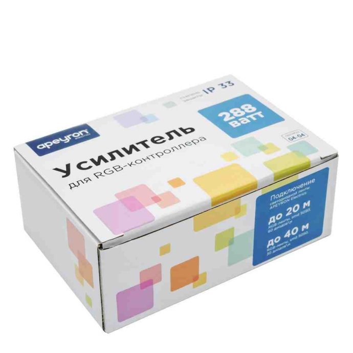 RGB усилитель 12/24В 288Вт, 3x8А, IP33, металл. Изображены клеммы подключения, размеры, маркировка Apeyron Electrics.