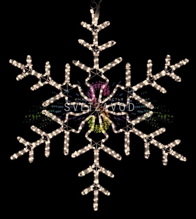 Детальное фото светодиодной снежинки 95 см с теплым белым свечением, металлическим каркасом и степенью защиты IP65 для уличного использования.