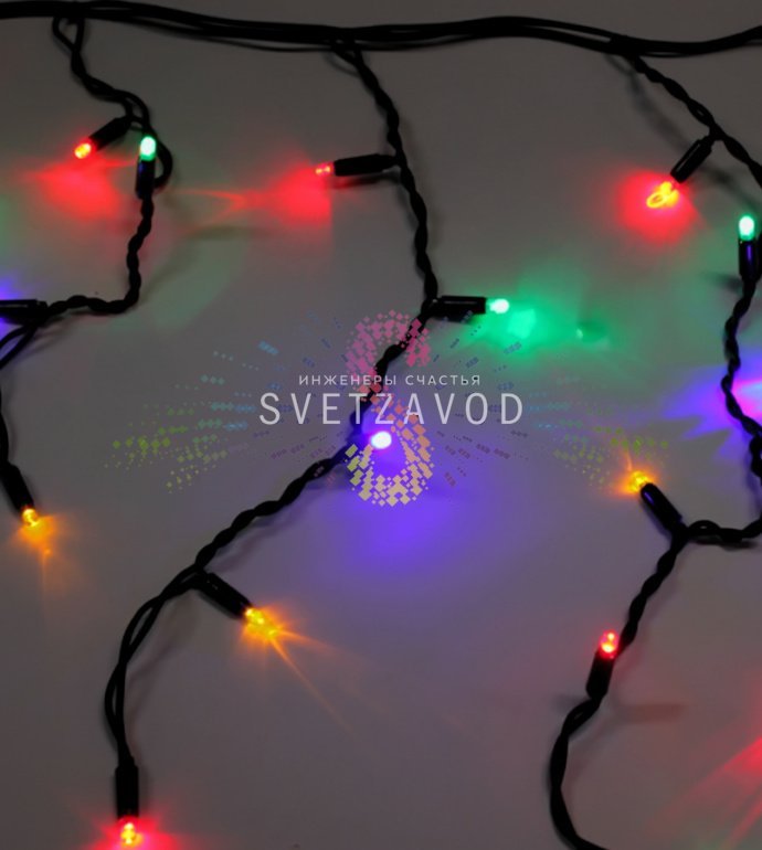 Детальное фото светодиодной бахромы Айсикл: горизонтальный кабель 4,8 м с вертикальными нитями 50/60/50/40 см, черный каучуковый корпус, разноцветные светодиоды, защитные колпачки, коннекторы для соединения.