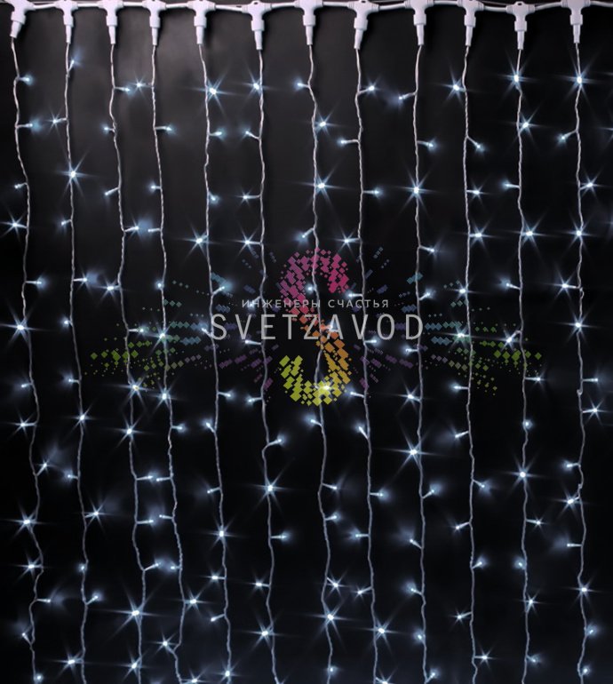 Детальное фото светодиодного дождя Водопад Rich Led SPL-910: 12 нитей по 2 метра, прозрачный ПВХ провод, 336 белых светодиодов, коннекторы в комплекте.