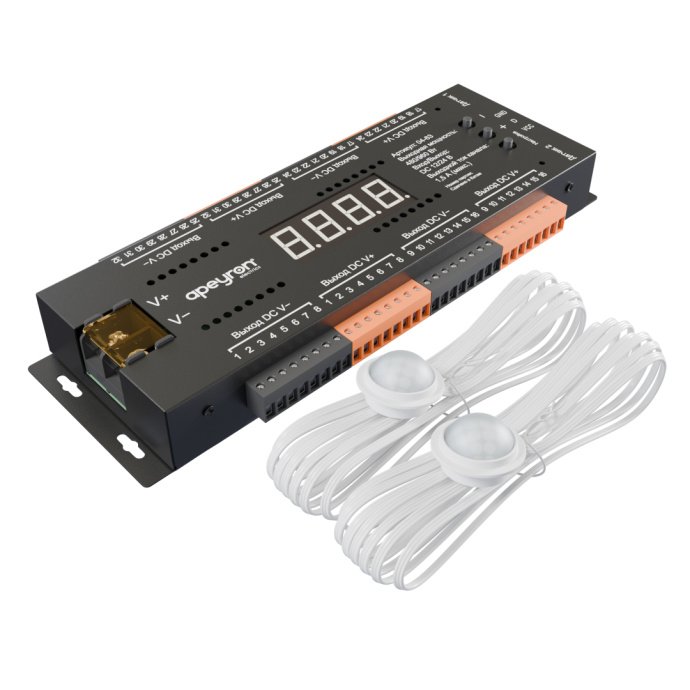 Черный контроллер для лестницы Apeyron Electrics, 32 канала, 480/960Вт, IP20, металл, передняя панель с клеммами