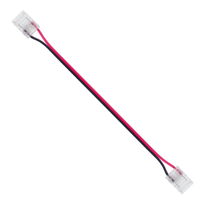 Детальное фото прокалывающего коннектора 2 pin Apeyron Electrics с гибким белым проводом 150 мм для одноцветной LED ленты 10 мм, видны зажимы и маркировка