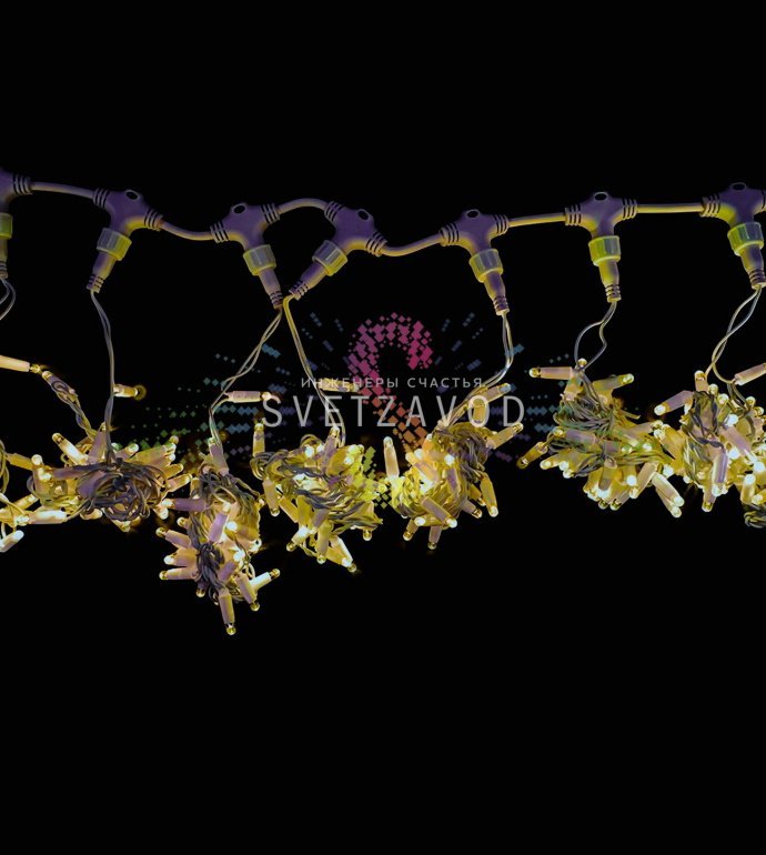 Детальное фото светодиодного дождя Rich Led: белый ПВХ корпус, 20 нитей по 2 метра, 400 светодиодов, степень защиты IP65.