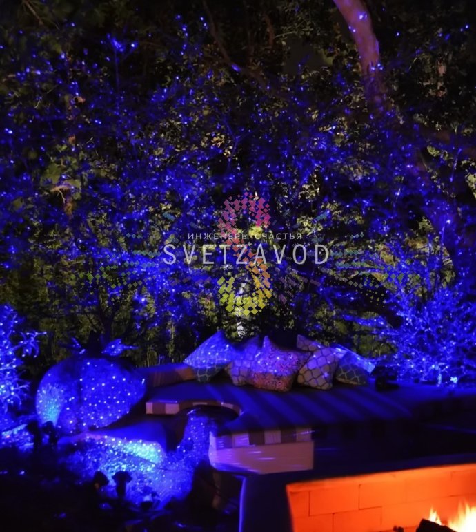 Детальное фото лазерной подсветки Garden X-33P: черный корпус из АБС-пластика, три лазерных модуля, основание для грунта, пульт ДУ и блок питания.