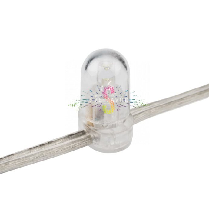 Крупный план светодиодной гирлянды Клип Лайт 12В с эффектом мерцания, прозрачным ПВХ-кабелем, защитными колпачками на диодах и степенью защиты IP65. Крупный план светодиодной гирлянды Клип Лайт 12В с эффектом мерцания, прозрачным ПВХ-кабелем, защитными колпачками на диодах и степенью защиты IP65.