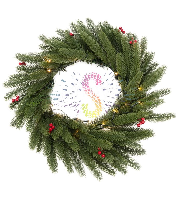 Детальное фото рождественского венка Neon-Night SEL-383: литые зеленые ветки, красные ягоды, 20 светодиодов теплого белого свечения, работающих от 2 батареек АА.