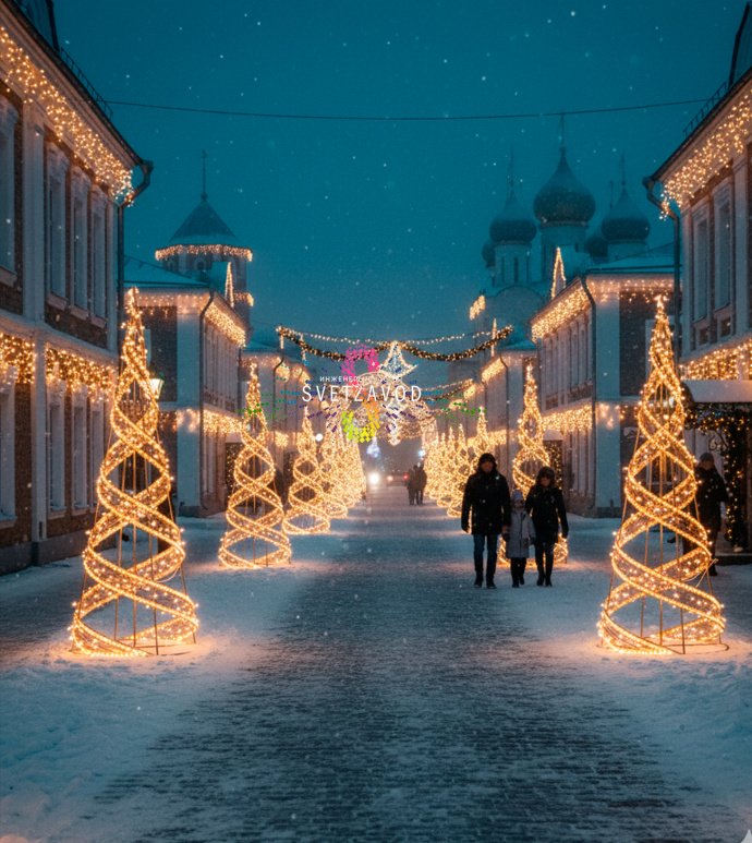 Крупный план светодиодной елки Конус с металлическим каркасом, степень защиты IP65, для уличного использования.