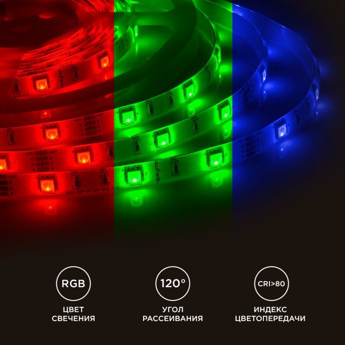 Светодиодная RGB лента 12В SMD5050 30LED/м IP65, ширина 10мм, длина 5м, двухслойная белая плата, угол 120°, 360лм/м.