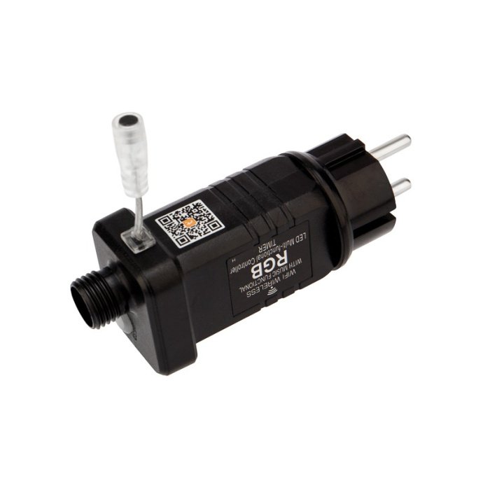 Детальное фото умной гирлянды Дождь Neon-Night: видны прозрачные провода, 180 RGB светодиодов, блок питания и шнур подключения.