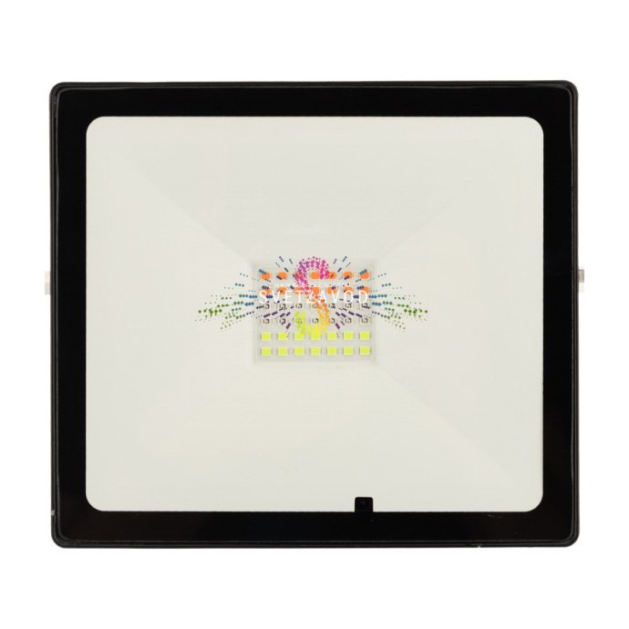 Крупный план светодиодного прожектора REXANT RGB 30Вт с черным алюминиевым корпусом, степенью защиты IP65, пультом дистанционного управления и элементами крепления. Крупный план светодиодного прожектора REXANT RGB 30Вт с черным алюминиевым корпусом, степенью защиты IP65, пультом дистанционного управления и элементами крепления.